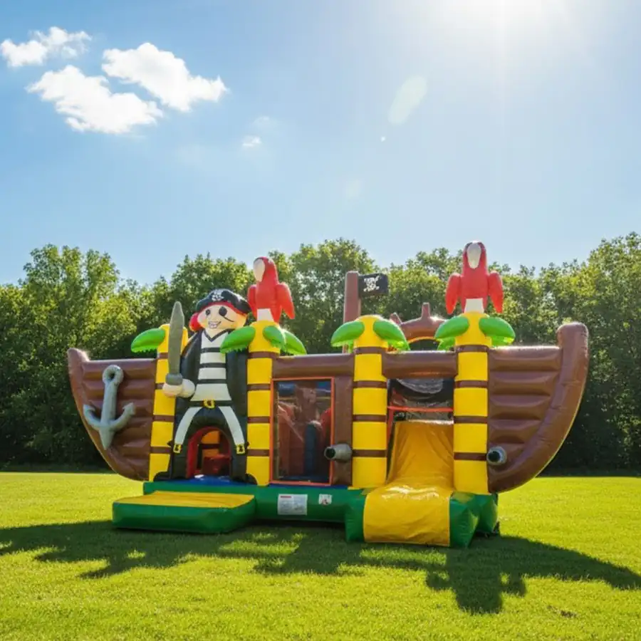 Château gonflable bateau pirate installé pour une fête d'enfants