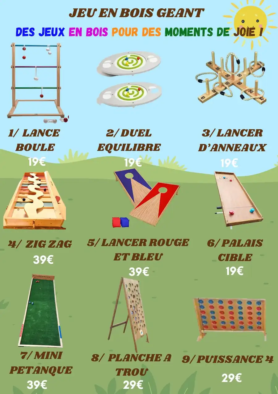 Jeux en bois géants — pack 17 modèles — à louer