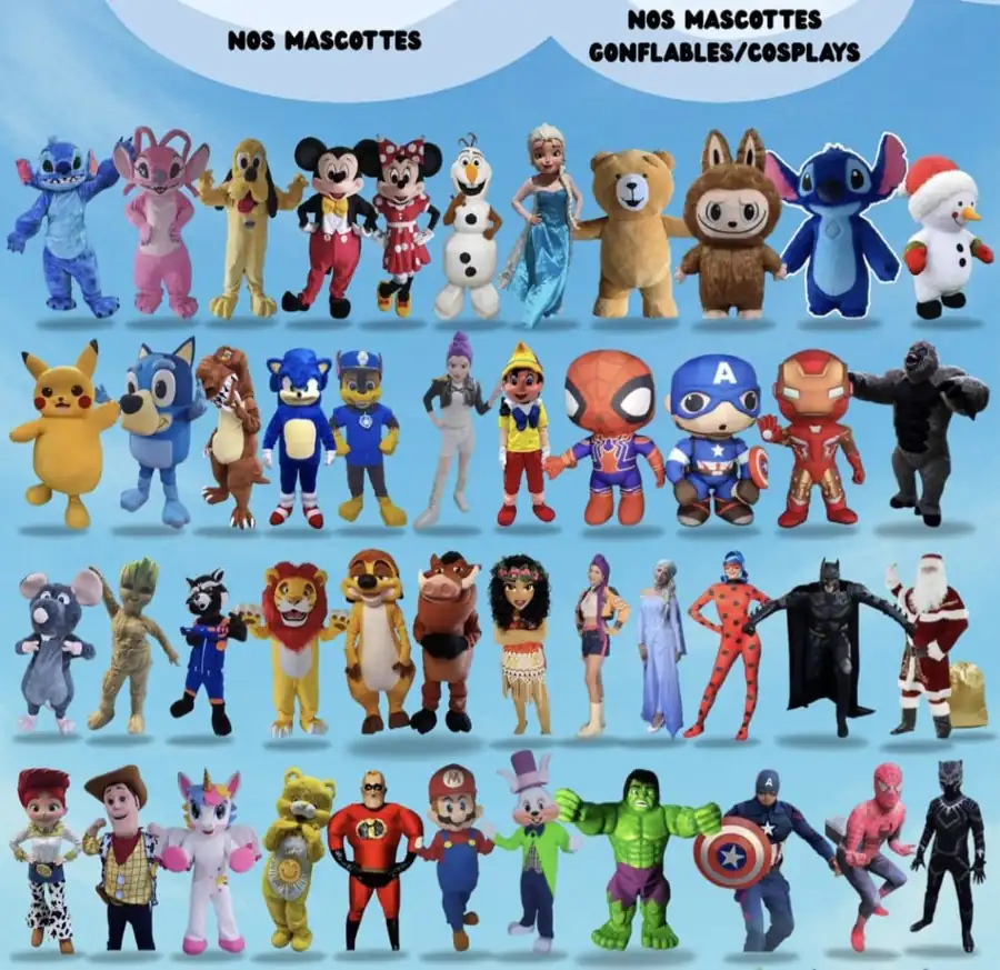 Ensemble des costumes de mascottes disponibles à la location