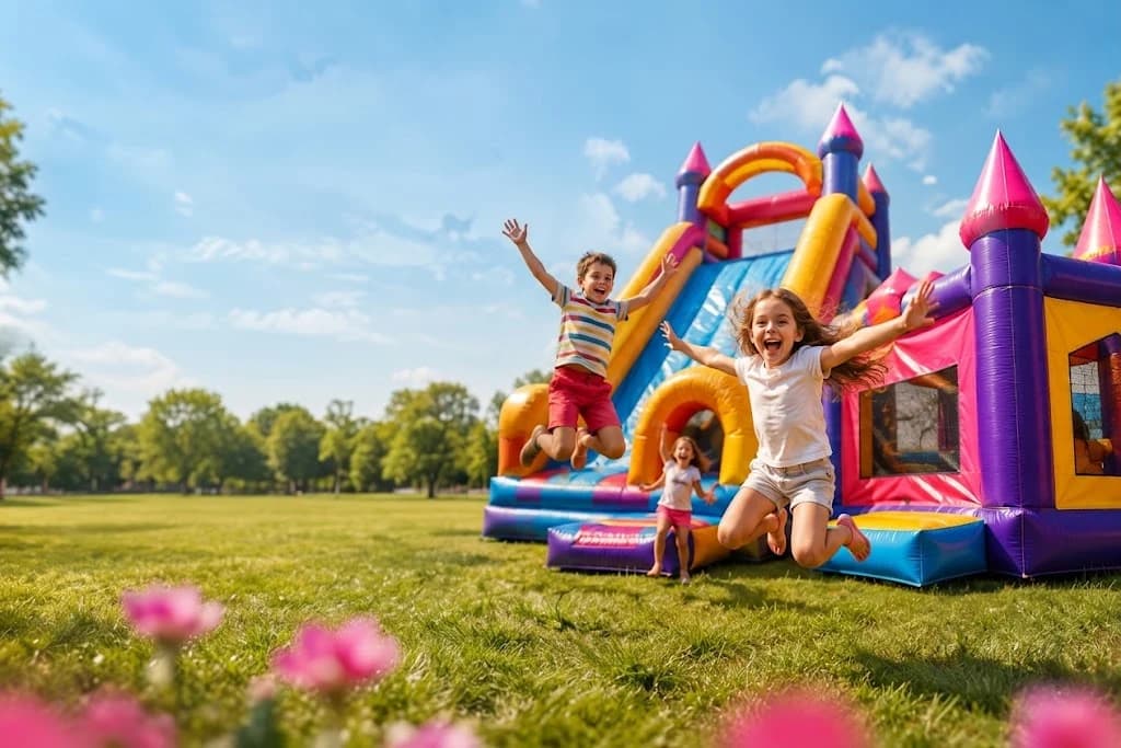 Des enfants sautent de joie devant un château gonflable multicolore installé sur une pelouse